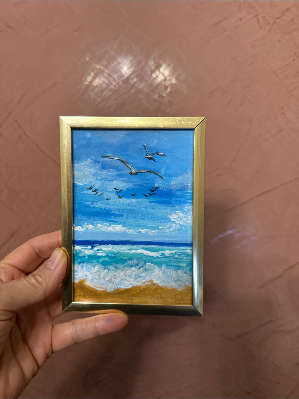 Seaside Flight Mini Art Watercolour and Acrylic Painting in Gold Frame